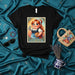 LA BELGA Loteria Card T-Shirt, Cute Cartoon Redhead Woman Holding Waffles and Atomium, Unisex Black Graphic Tee Shirt Design for Belgian Culture Fans and Food Lovers Mexicada