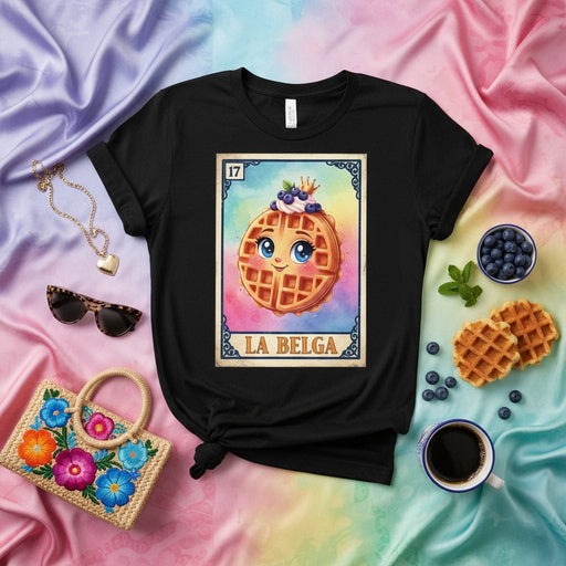 LA BELGA Waffle Loteria Card T-Shirt Cute Belgian Waffle Graphic Tee Foodie Mexican Game Shirt for Women Men Unisex Black Tee Mexicada