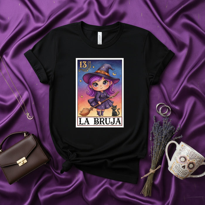 LA BRUJA Cute Chibi Witch Halloween Loteria Card T-Shirt Spooky Black Cat Broom Purple Hair Graphic Tee Unisex Mexican Bingo Game Style Number 13 Mexicada
