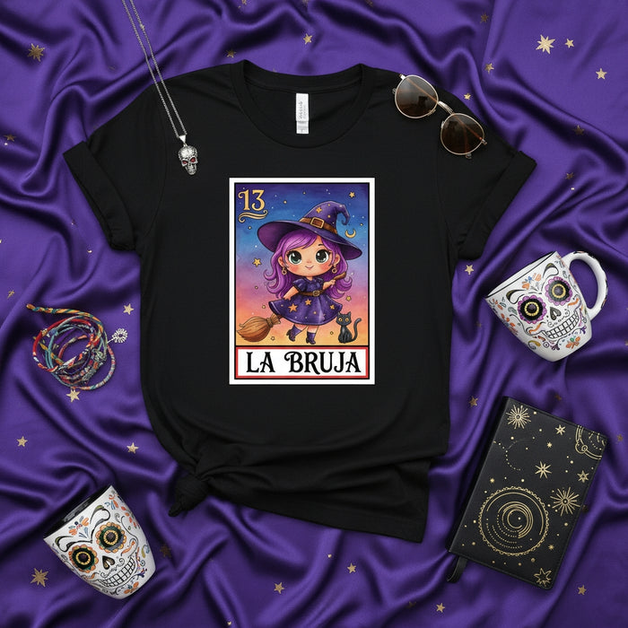 LA BRUJA Cute Chibi Witch Lotería Card 13 T-Shirt, Spooky Season Halloween Tee, Unisex Graphic Shirt, Purple Sunset Sky and Black Cat Design, Mexican Bingo Style Apparel Gift Mexicada