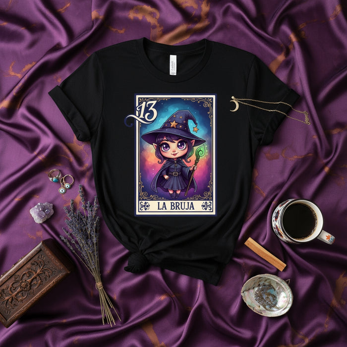 LA BRUJA Cute Chibi Witch Lotería Card 13 Unisex T-Shirt - Fantasy Gothic Magician Halloween Graphic Tee Shirt Mexicada