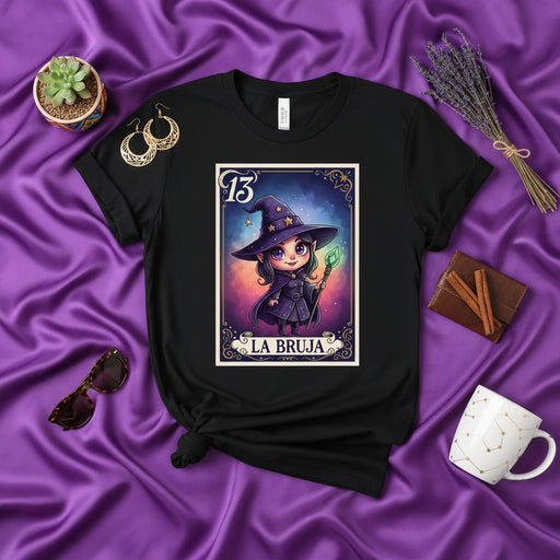 LA BRUJA Cute Chibi Witch Tarot Card Graphic Tee, Unisex Black Shirt with Loteria Style Number 13 Design, Magical Fantasy Apparel Gift Idea Mexicada