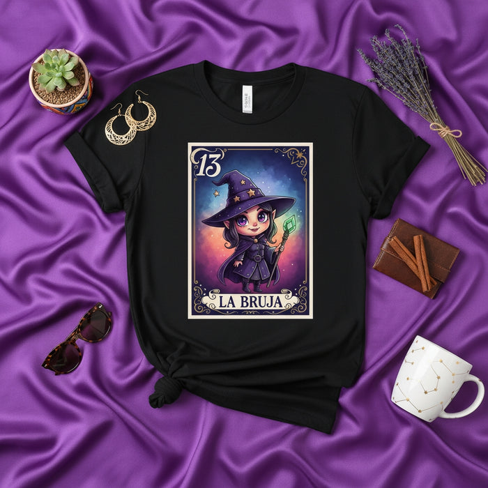 LA BRUJA Cute Chibi Witch Tarot Card Graphic Tee, Unisex Black Shirt with Loteria Style Number 13 Design, Magical Fantasy Apparel Gift Idea Mexicada