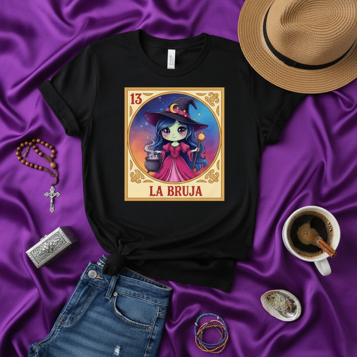 LA BRUJA Cute Kawaii Witch Lotería Card 13 T-Shirt, Mystical Sorceress Graphic Tee, Spooky Halloween Costume Shirt, Mexican Bingo Game Inspired Design, Magic Cauldron and Stars Artwork, Unisex Adult Shirt Gift Idea Mexicada