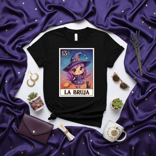 LA BRUJA Cute Purple Witch Halloween Loteria Card Graphic Tee Unisex Black T-Shirt Spooky Season Latinx Magic Costume Inspired Folk Game Merch Aesthetic Gift Mexicada