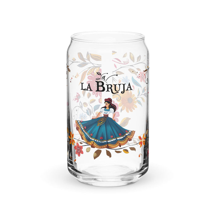 La Bruja Exclusive Art Piece Can-Shaped Glass Home Office Work Mexican Spanish Pride Gift Cup One-Of-A-Kind Calligraphy Glass | L11 Mexicada 16 oz (No Lid No Straw)