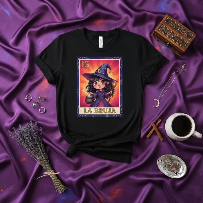 LA BRUJA Lotería Card 13 Witch T-Shirt, Cute Halloween Costume Tee, Magical El Brujo Style Design, Unisex Graphic Shirt for Fantasy Lovers and Spooky Season Mexicada