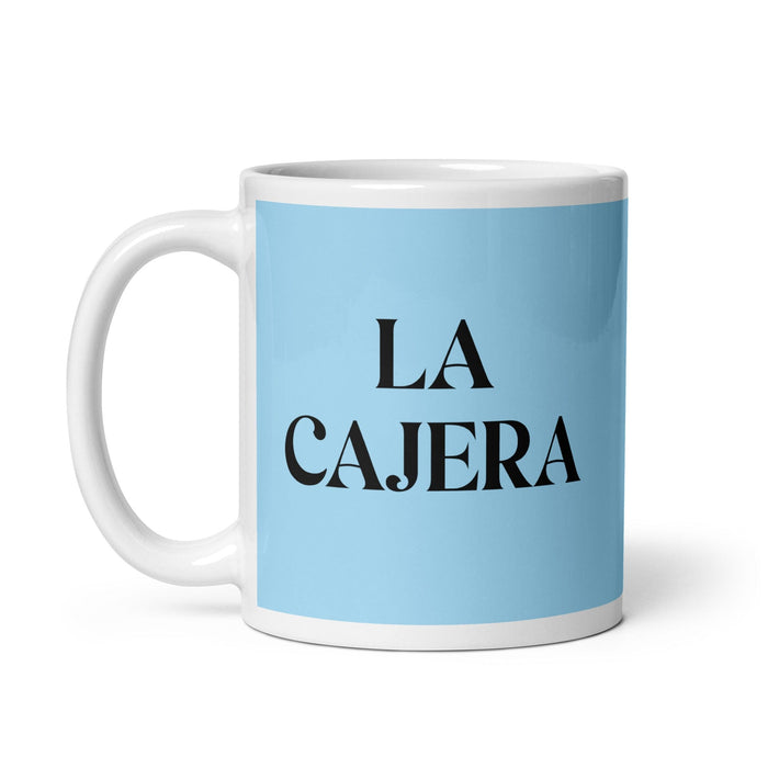 La Cajera The Cashier Funny Home Office Work Coffee Mug Mexican Spanish Pride Gift White Glossy Cup Sky Blue Card Mug Mexicada