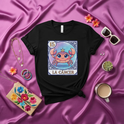 LA CÁNCER 15 Loteria Card T-Shirt Cute Cartoon Crab Crown Zodiac Sign Celestial Astrology Gift for Women Men Unisex Black Tee Shirt for Cancer Birthday Season Mexicada