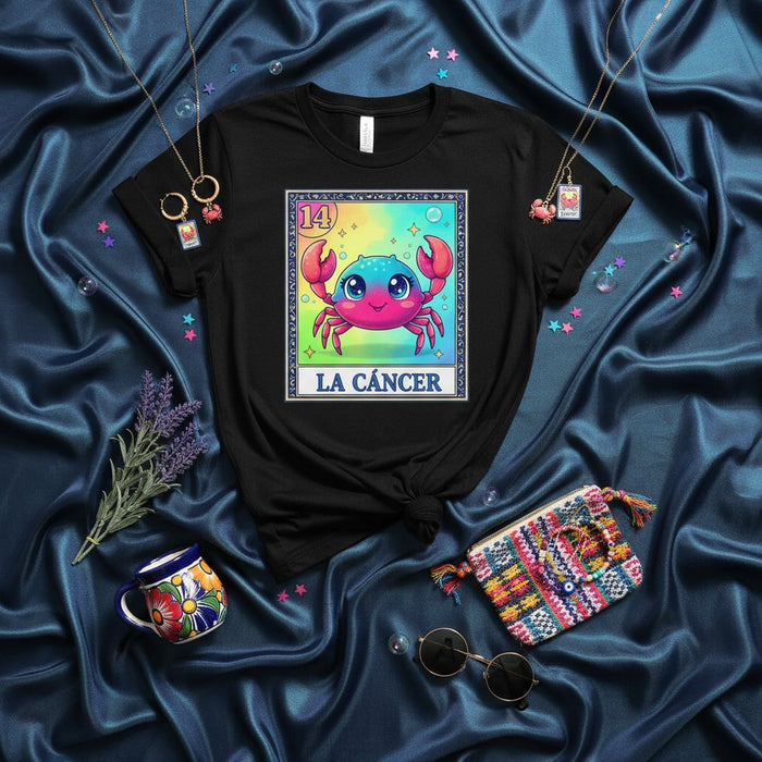 LA CÁNCER Cute Crab Zodiac Loteria Card T-Shirt, Kawaii Cancer Astrology Sign Tee, Unisex Graphic Shirt Gift for Him Her, Mexican Bingo Style Print Top Mexicada