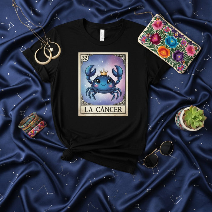 LA CÁNCER Loteria Card T-Shirt Cute Crowned Crab Zodiac Sign Tee Astrology Celestial Galaxy Art Unisex Graphic Shirt Mexican Bingo Game Inspired Gift for Cancer Birthday Mexicada