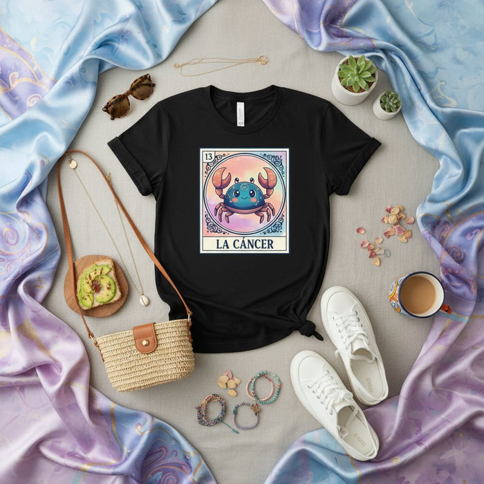 LA CÁNCER Loteria Card T-Shirt: Zodiac Sign Cancer Crab Graphic Tee, Cute Pastel Watercolor Art, Mystical Astrology Shirt, Unisex Mexican Bingo Inspired Design Mexicada
