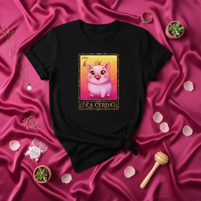 LA CERDA Cute Pig La Lotería Card 7 Graphic Unisex Black T-Shirt, Mexican Bingo Game Illustration, Kawaii Farm Animal T-shirt, Funny Gift for Pig Lovers and Spanish Speakers, Aesthetic Art Tee, Vibrant Pink and Gold Design Mexicada