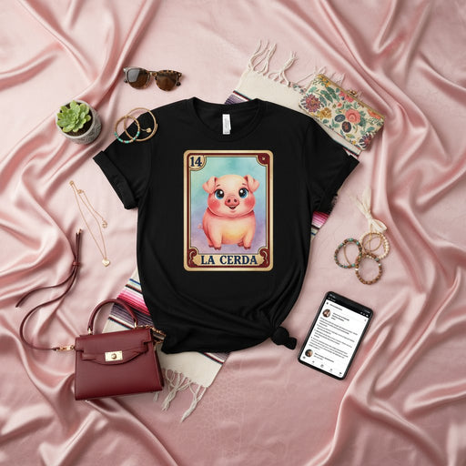LA CERDA Cute Pig La Lotería Card T-Shirt Unisex Mexican Bingo Game Design Graphic Tee Funny Gift for Her Him Friend Birthday Christmas Holiday Present Kawaii Pink Piggy Top Mexicada