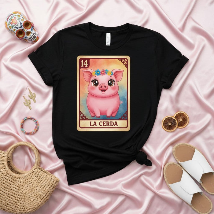 LA CERDA Cute Pig Loteria Card T-Shirt - Number 14 Mexican Bingo Game Design Unisex Tee - Fun Spanish Language Traditional Art Shirt - Adorable Floral Headband Hog Graphic Apparel Mexicada