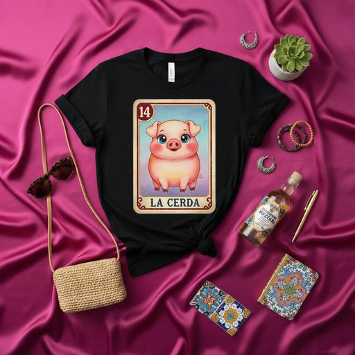 La Cerda Cute Pig Loteria Card T-Shirt - Number 14 Mexican Bingo Game Design Unisex Tee - Latinx Heritage Gift Idea Mexicada