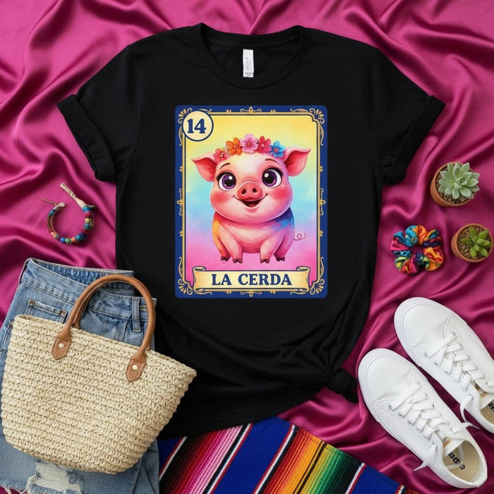 LA CERDA Cute Watercolor Pig Loteria Card T-Shirt, Unisex Mexican Bingo Game Graphic Tee, Fun Floral Crown Hog Shirt, Number 14 Mexicada