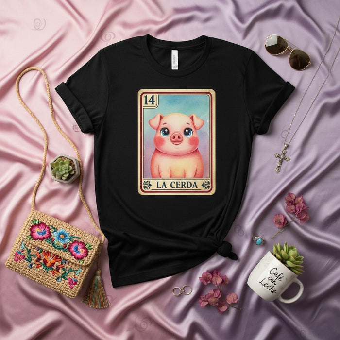 LA CERDA Loteria Card Pig T-Shirt, Cute Mexican Bingo Game Swine Number 14 Design, Unisex Black Tee Gift for Pig Lovers and Hispanic Culture Fans Mexicada