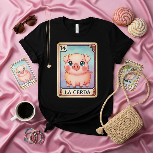 LA CERDA Loteria Card Pig Unisex T-Shirt Cute Cartoon Design Number 14 Mexican Bingo Game Tee Gift for Her Him Friend and Family Mexicada