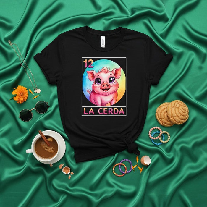 LA CERDA Loteria Card T-Shirt Cute Pig Watercolor Design Mexican Bingo Game Style Unisex Graphic Tee Funny Gift for Women Men and Kids Number 12 Mexicada
