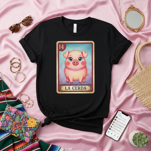 LA CERDA Lotería Pig Card Graphic Tee for Men & Women, Cute Mexican Bingo Style Art T-Shirt, Funny Hispanic Culture Gift, Number 14 Mexicada