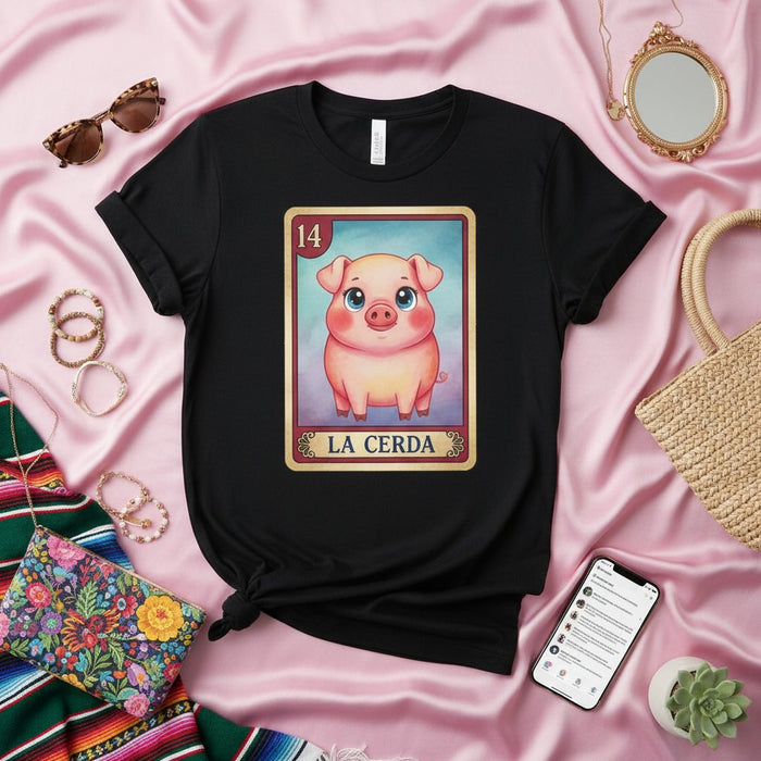 LA CERDA Lotería Pig Card Graphic Tee for Men & Women, Cute Mexican Bingo Style Art T-Shirt, Funny Hispanic Culture Gift, Number 14 Mexicada