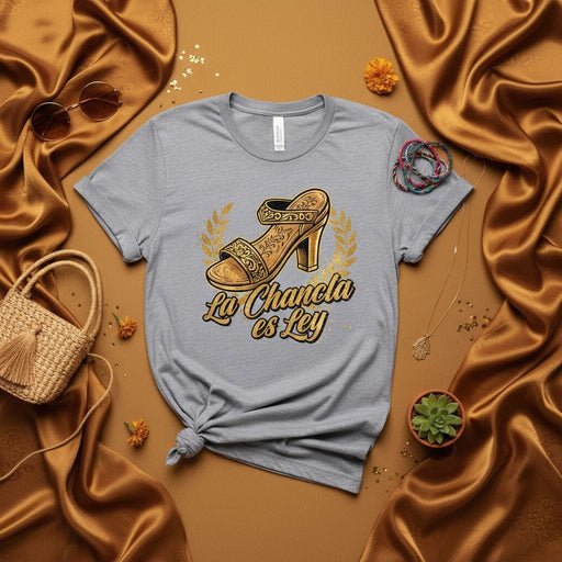 La Chancla Es Ley Funny Spanish T-Shirt with Heel Sandal Graphic - Latina Mom Power Tee - Humor Gift for Hispanic Heritage - Unisex Short Sleeve Shirt Mexicada