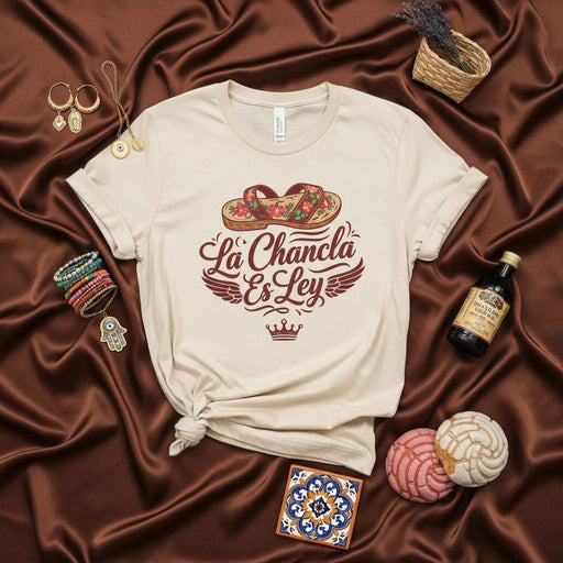 La Chancla Es Ley T-Shirt, Funny Hispanic Mom Gift, Latino Culture Spanish Flip Flop Tee, Casual Unisex Graphic Top with Concha and Mosaic Tile Print Mexicada