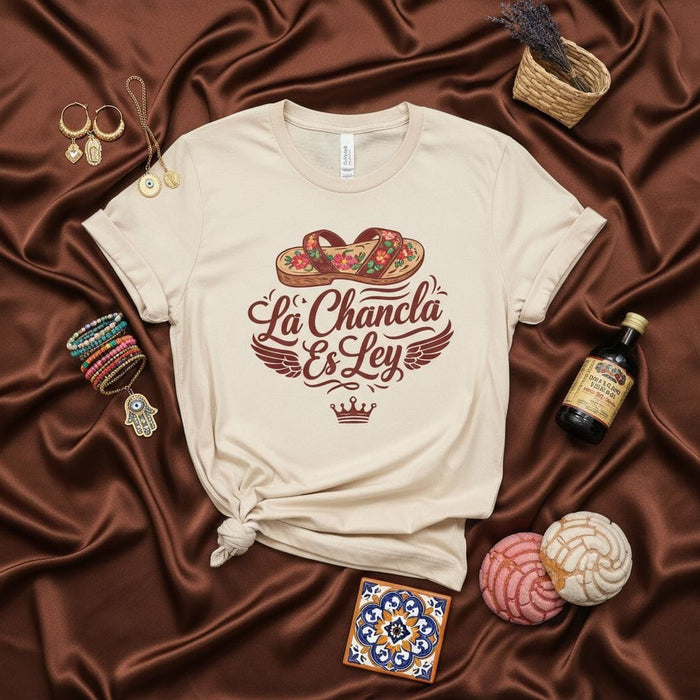 La Chancla Es Ley T-Shirt, Funny Hispanic Mom Gift, Latino Culture Spanish Flip Flop Tee, Casual Unisex Graphic Top with Concha and Mosaic Tile Print Mexicada