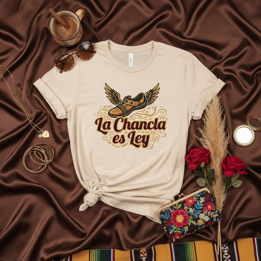 La Chancla Es Ley T-Shirt Funny Latino Mom Shoe with Wings Spanish Saying Shirt Hispanic Heritage Gift Tee for Men and Women, Unisex Graphic Top Mexicada