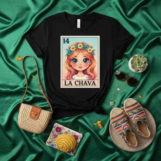 LA CHAVA Cute Modern Loteria Card T-Shirt, Mexican Bingo Game La Sirena Aesthetic Style Tee, Unisex Graphic Shirt with Pretty Girl and Floral Crown Design, Latina Culture Gift Idea, Number 14 Mexicada