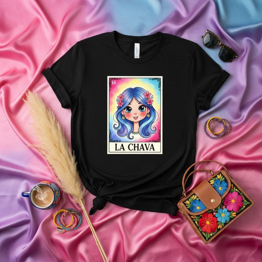 LA CHAVA Loteria Card Style T-Shirt, Cute Blue-Haired Girl Graphic Tee, Mexican Bingo Inspired Shirt, Women's Unique Colorful Graphic Apparel Gift Mexicada