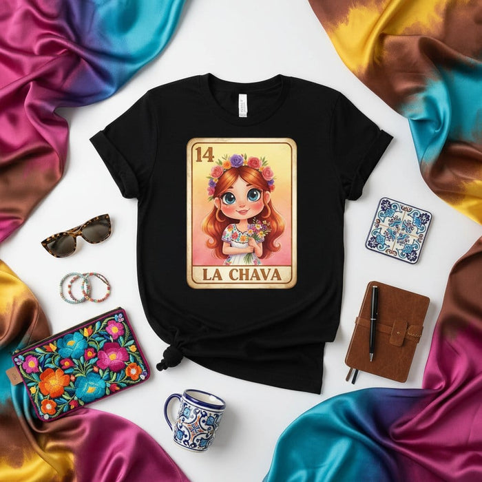 LA CHAVA Mexican Loteria Card Graphic T-Shirt, Cute Cartoon Girl with Flowers Unisex Tee, Traditional Bingo Game Apparel, Latina Culture Gift for Her, Number 14 Design Mexicada