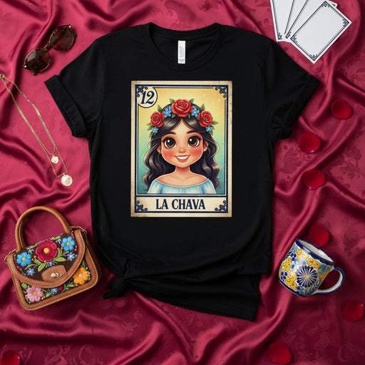 LA CHAVA Mexican Loteria Card Graphic T-Shirt | La Chava with Flower Crown | Traditional Game Art Print | Cute Latina Girl Tee | Unisex Gift Idea Mexicada