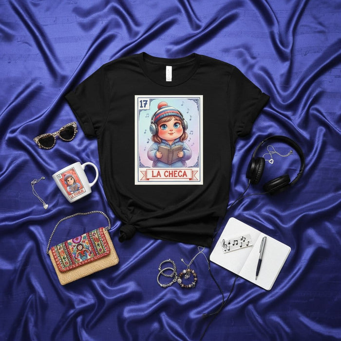 LA CHECA Cute Latina Girl Listening to Music Reading Book Lotería Card Graphic Tee Shirt Unisex Trendy Mexican Bingo Game Inspired Illustration Clothing Gift Idea Mexicada