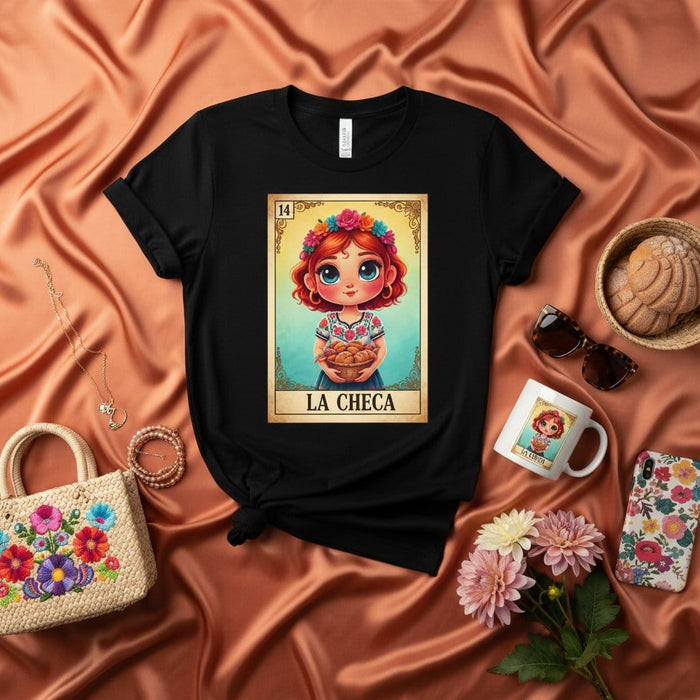 LA CHECA Mexican Loteria Card Graphic T-Shirt, Cute Cartoon Girl with Concha Bread, Traditional Game Art, Unisex Tee, Gift for Hispanic Culture Lovers Mexicada