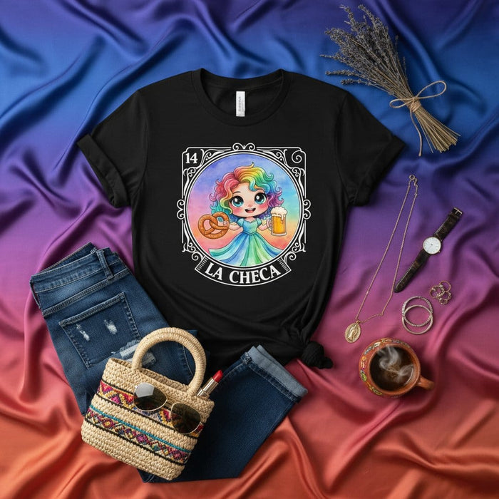 LA CHECA Oktoberfest Loteria Card T-Shirt, Chibi Girl with Rainbow Hair Pretzel Beer, Cute Funny Bingo Game Unisex Tee, Mexican-German Festival Clothing Gift Mexicada