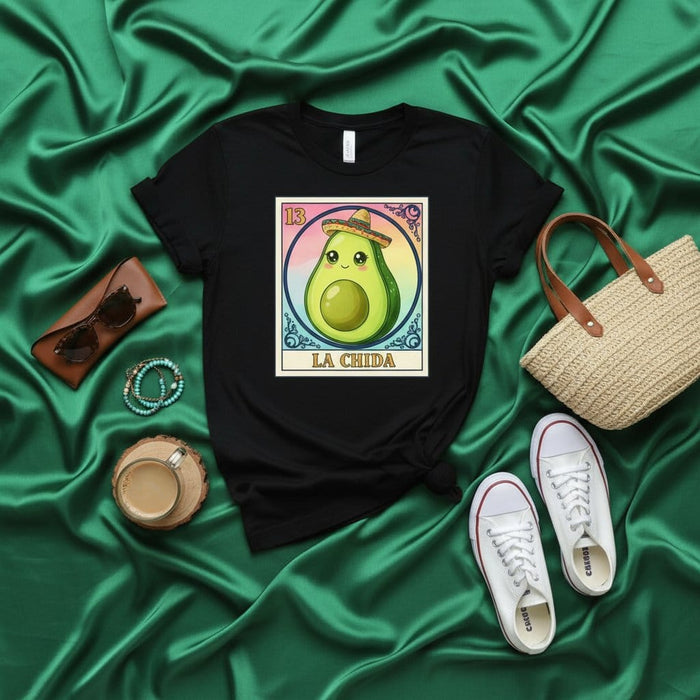 La Chida Cute Avocado La Loteria Card T-Shirt Funny Mexican Bingo Game Tee Unisex Gift for Foodie and Fiesta Lovers with Sombrero Design Mexicada