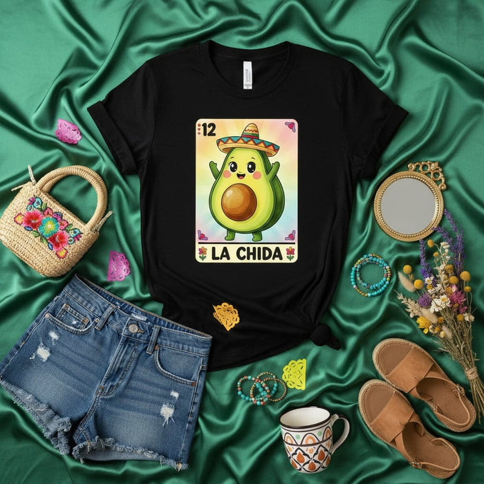 LA CHIDA Funny Avocado La Loteria Card Mexican Bingo T-Shirt Unisex Graphic Tee Cute Kawaii Food Design for Women and Men Mexicada