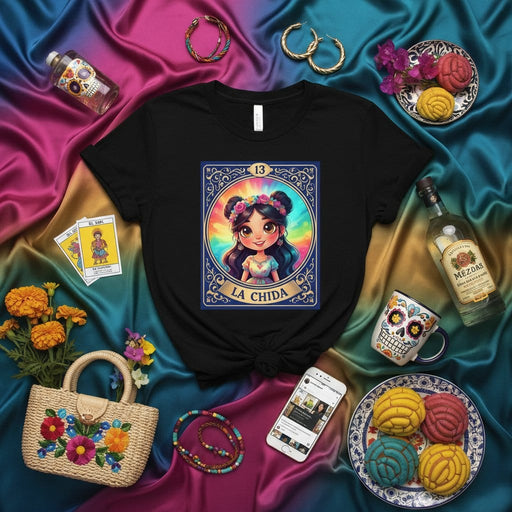 La Chida Mexican Loteria Card Graphic Tee Tie-Dye Art Print Shirt, Number 13, Dia de Muertos Folkloric Design, Unisex Aesthetic Gift for Latina, Hispanic Culture Lover Mexicada