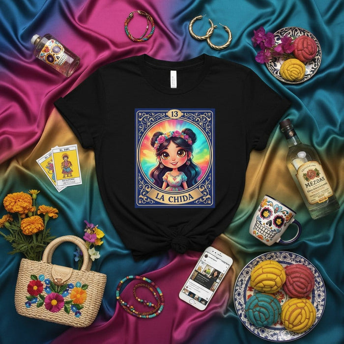 La Chida Mexican Loteria Card Graphic Tee Tie-Dye Art Print Shirt, Number 13, Dia de Muertos Folkloric Design, Unisex Aesthetic Gift for Latina, Hispanic Culture Lover Mexicada