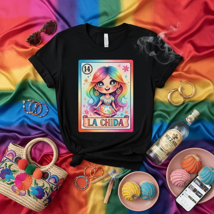 LA CHIDA Rainbow Anime Girl Loteria Card T-Shirt, LGBTQ+ Pride Fiesta Mexican Game Apparel, Cute Cartoon Character Tee, Colorful Graphic Shirt, Cinco de Mayo Merch Gift for Her Mexicada