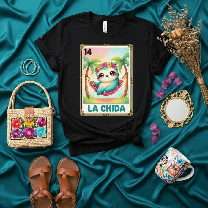 LA CHIDA Sloth Loteria Card T-Shirt: Funny Cute Sloth in Hammock Palm Trees Tropical Design Unisex Tee, Mexican Bingo Inspired Graphic Shirt, Number 14 La Dama Parody Mexicada