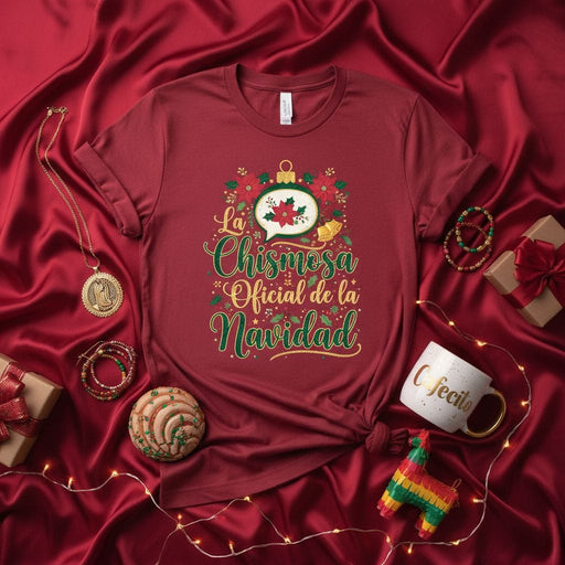 La Chismosa Oficial de la Navidad T-Shirt | Spanish Christmas Gossip Tee | Funny Mexican Holiday Shirt | Poinsettia Ornament Design | Unisex Latinx Seasonal Gift Mexicada