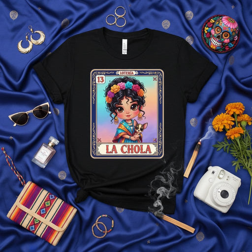 LA CHOLA La Loteria Card T-Shirt, Cute Mexican Girl with Flower Crown and Chihuahua Tee, Hispanic Heritage Festival Shirt, Women's Novelty Graphic Clothing Gift Mexicada
