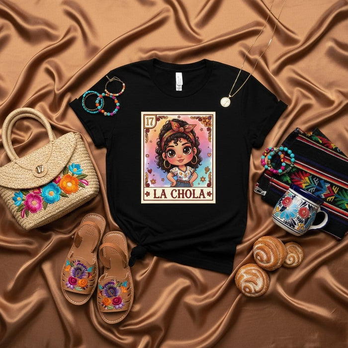 La Chola Loteria Card T-Shirt, Cute Cartoon Chola Girl Graphic Tee, Mexican Bingo Game Inspired, Unisex Style Apparel, Latina Heritage Gift, Number 17 Shirt Mexicada
