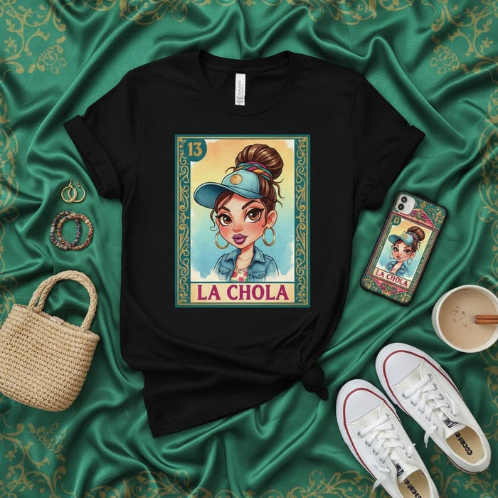 LA CHOLA Loteria Card T-Shirt, Cute Cartoon Chola Girl with Hat and Hoop Earrings Graphic Tee, Mexican Bingo Game Inspired Artwork, Trendy Unisex Top, Latina Heritage Apparel Mexicada