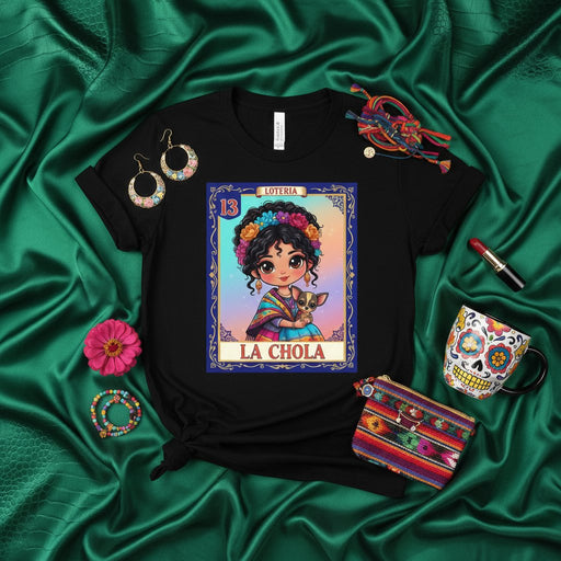 LA CHOLA Loteria Card T-Shirt Cute Chicana Girl Chihuahua Dog Floral Crown Mexican Culture Game Art Tee for Women Men Unisex Gift Shirt Mexicada