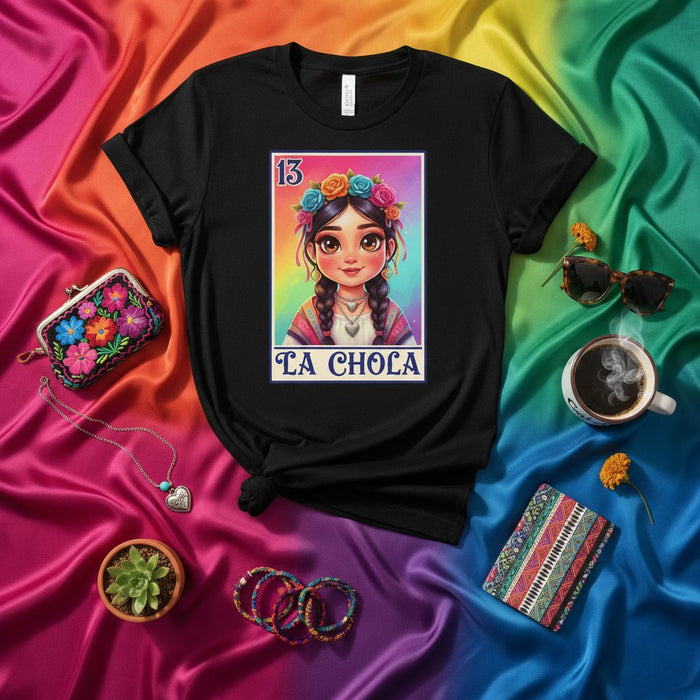 La Chola Loteria Card T-Shirt, Mexican Fiesta Inspired Chola Girl with Flower Crown Graphic Tee, Colorful Rainbow Background Unisex Shirt, Bingo Game Art Number 13 Mexicada