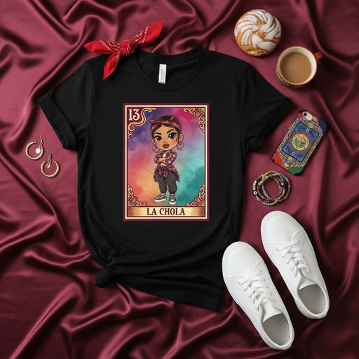 LA CHOLA Number 13 Chola Loteria Card Style Graphic T-Shirt | Latina Power Urban Streetwear Tee | Cute Chibi Woman Design | Unisex Apparel Gift Mexicada